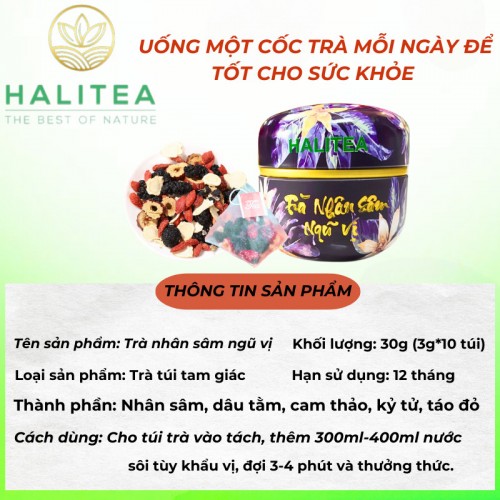 Trà Nhân Sâm Ngũ Vị HALITEA Túi Tam Giác Hộp Thiếc 50gr/ hộp/ 10 túi 